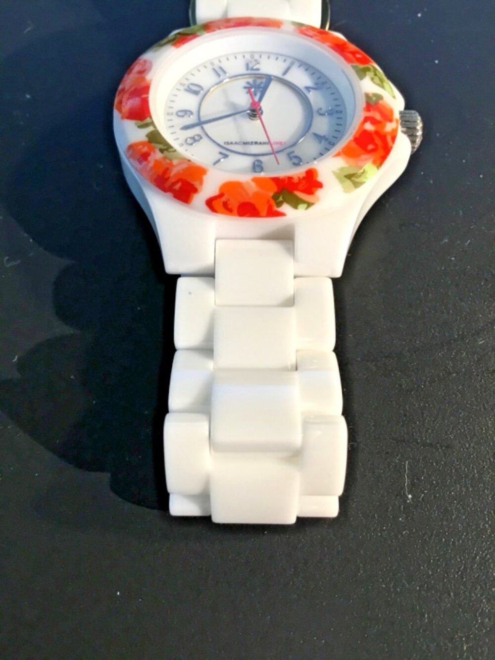 Isaac Mizrahi watch orange/red ceramic links floral bezel silvertone new battery - Picture 3 of 10
